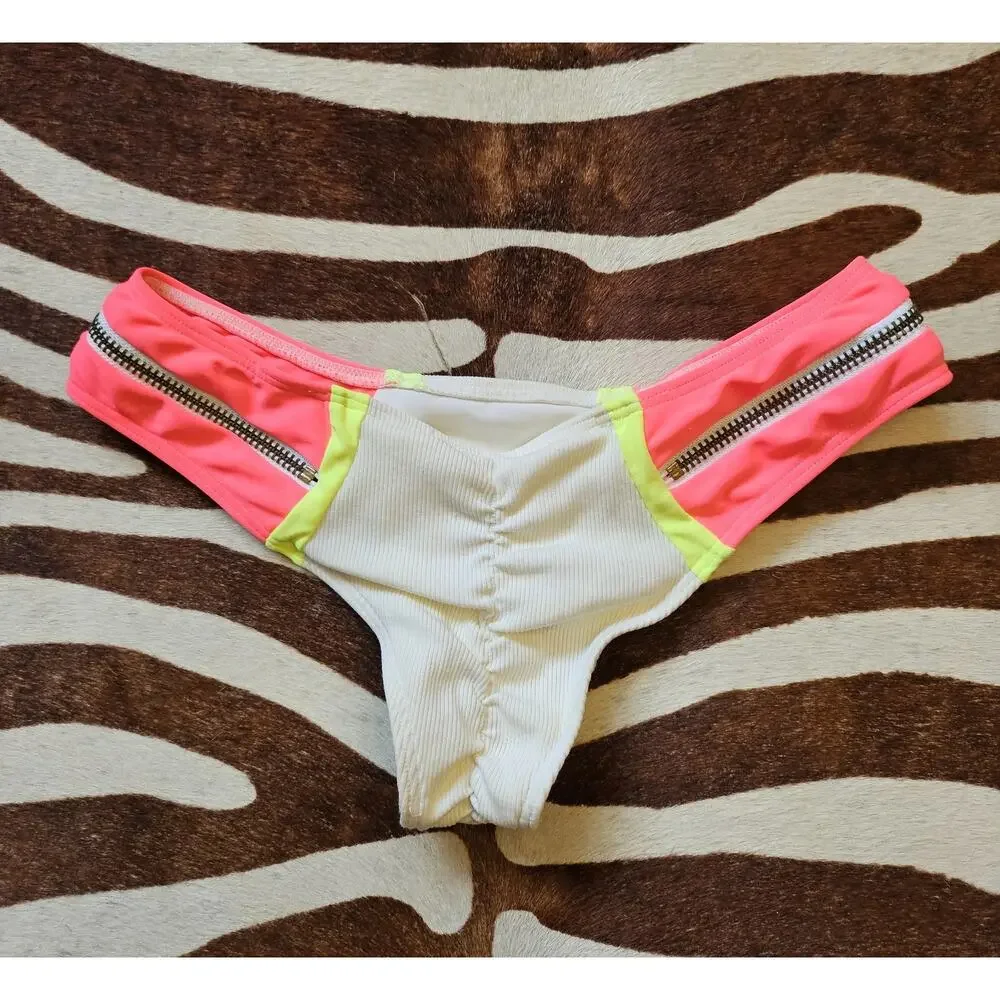 Beach Bunny Endless Summer Cheeky Zipper Bikini Bottoms Neon Sz M - Picture 2 of 5